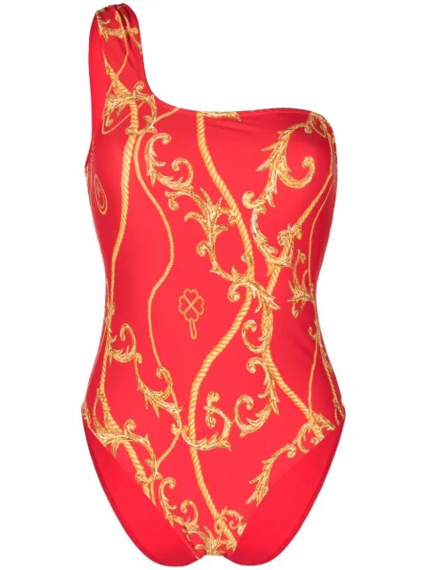 GANNI baroque-print one-shoulder swimsuit