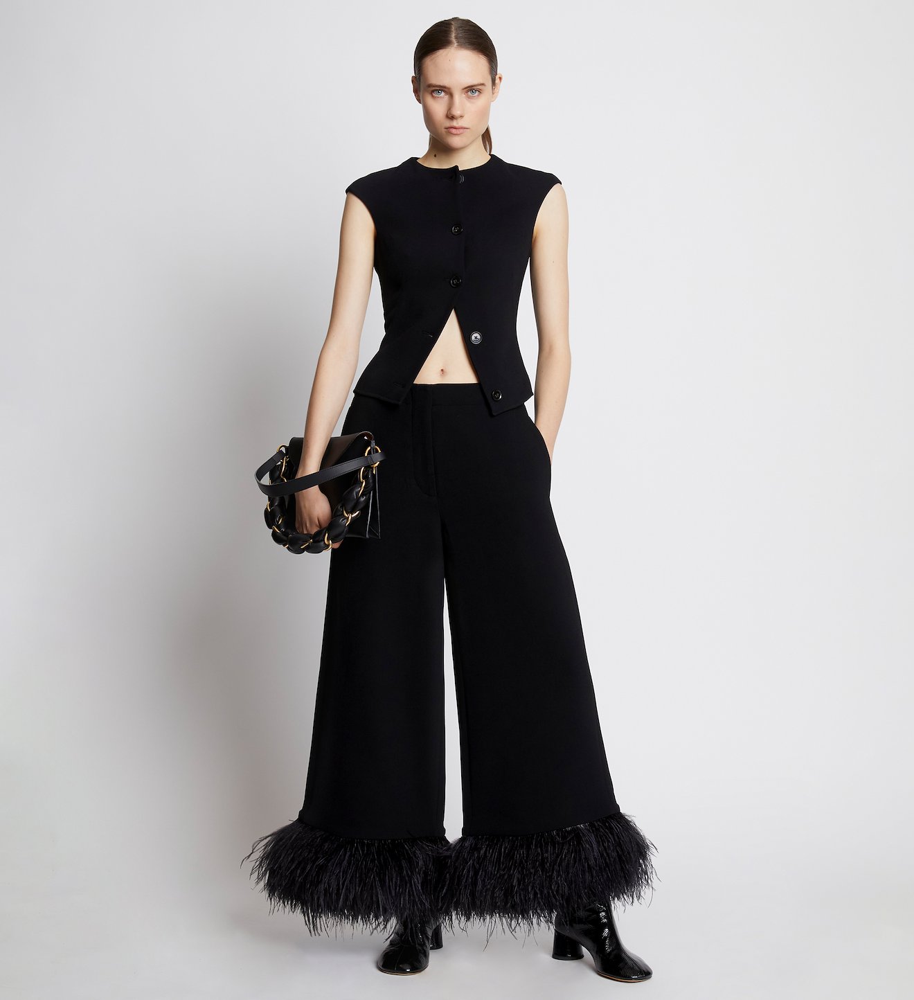 Bi-Stretch Crepe Feather Trim Pants