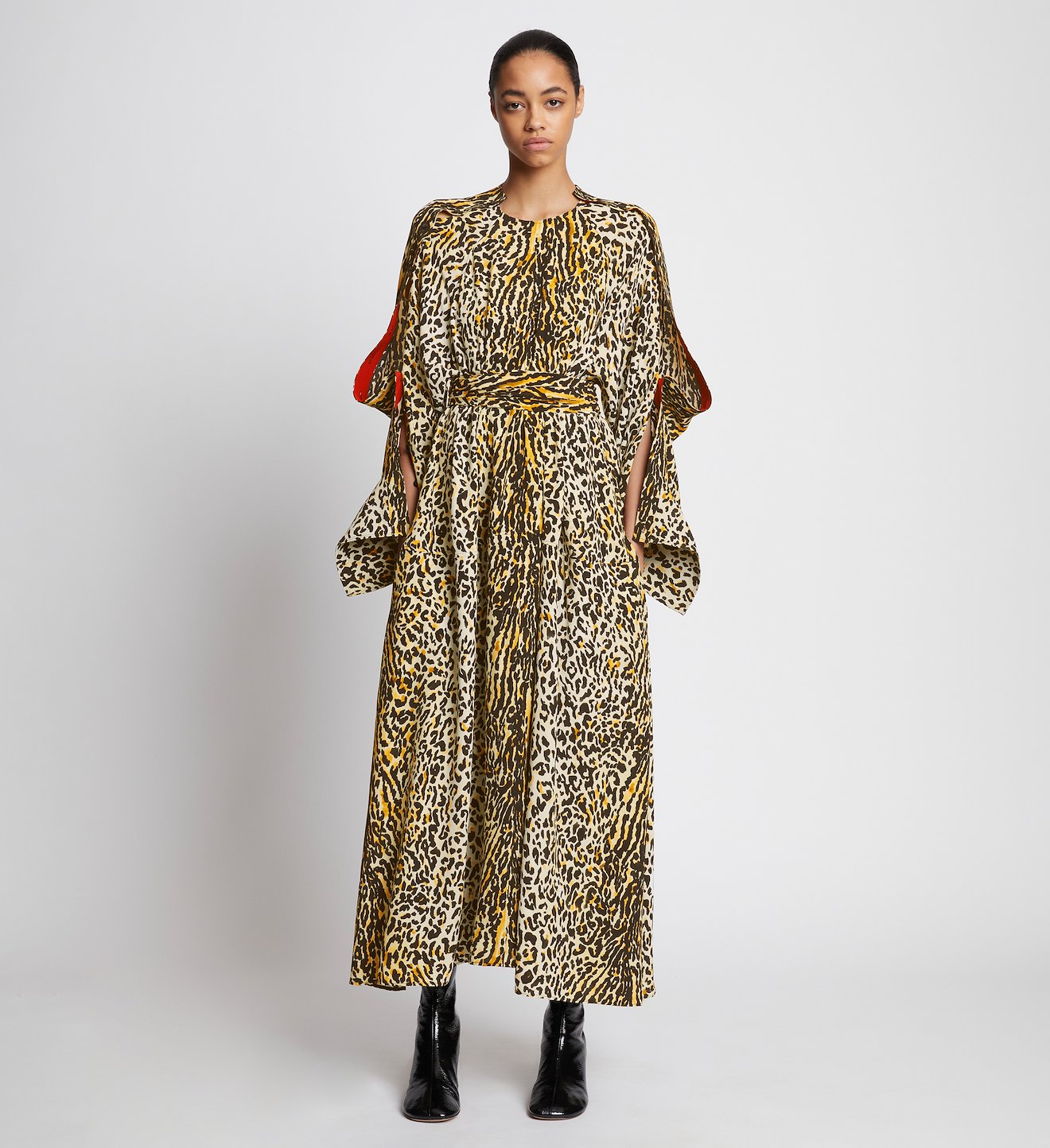 Printed Leopard Crepe Belted Dress in multicolour | Proenza Schouler