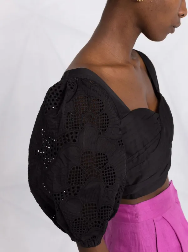 Self-Portrait Lace puff-sleeves Crossover Cropped Top | Black