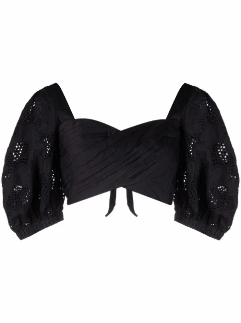 Self-Portrait lace puff-sleeves crossover cropped top