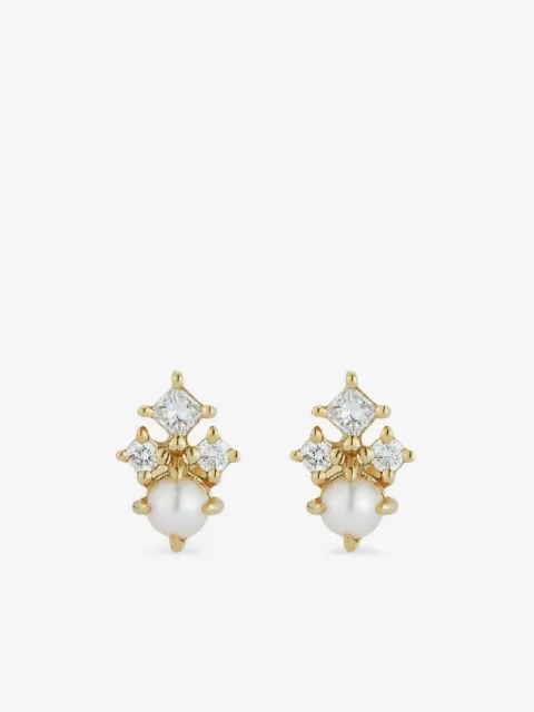 Mateo aretes The Little Things Tri en oro amarillo de 14kt con diamantes y perla