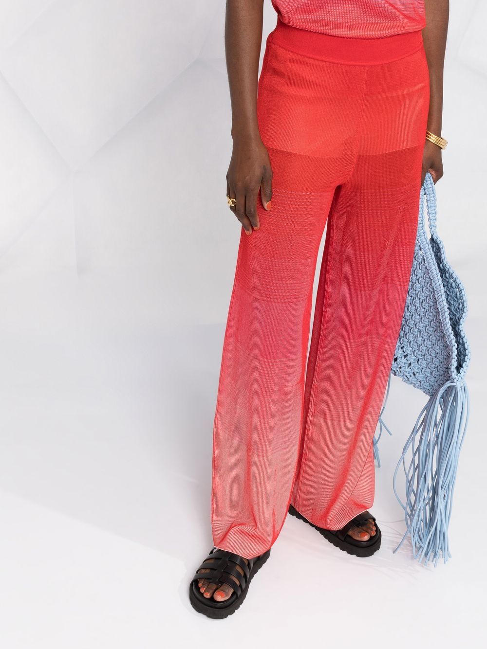 Shop Missoni Semi-sheer Straight-leg Knitted Trousers In Red