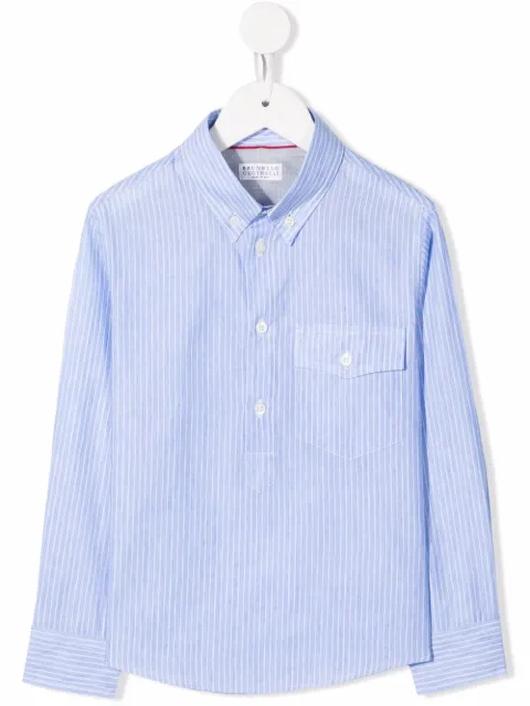 Brunello Cucinelli Kids قميص قطن وكتان مخطط