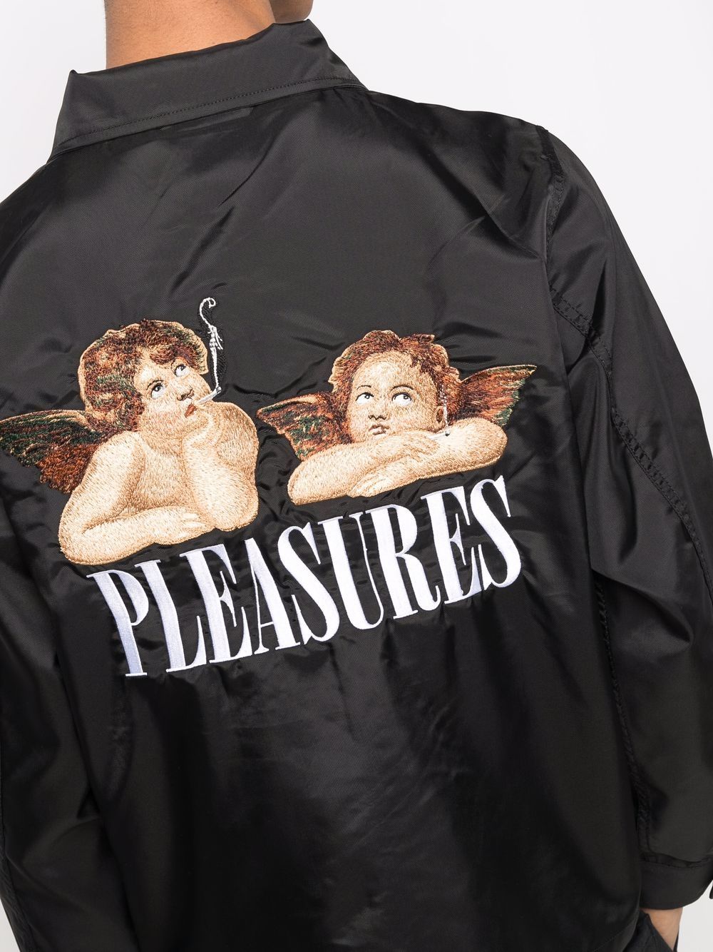 Shop Pleasures Embroidered-logo Shirt Jacket In Black