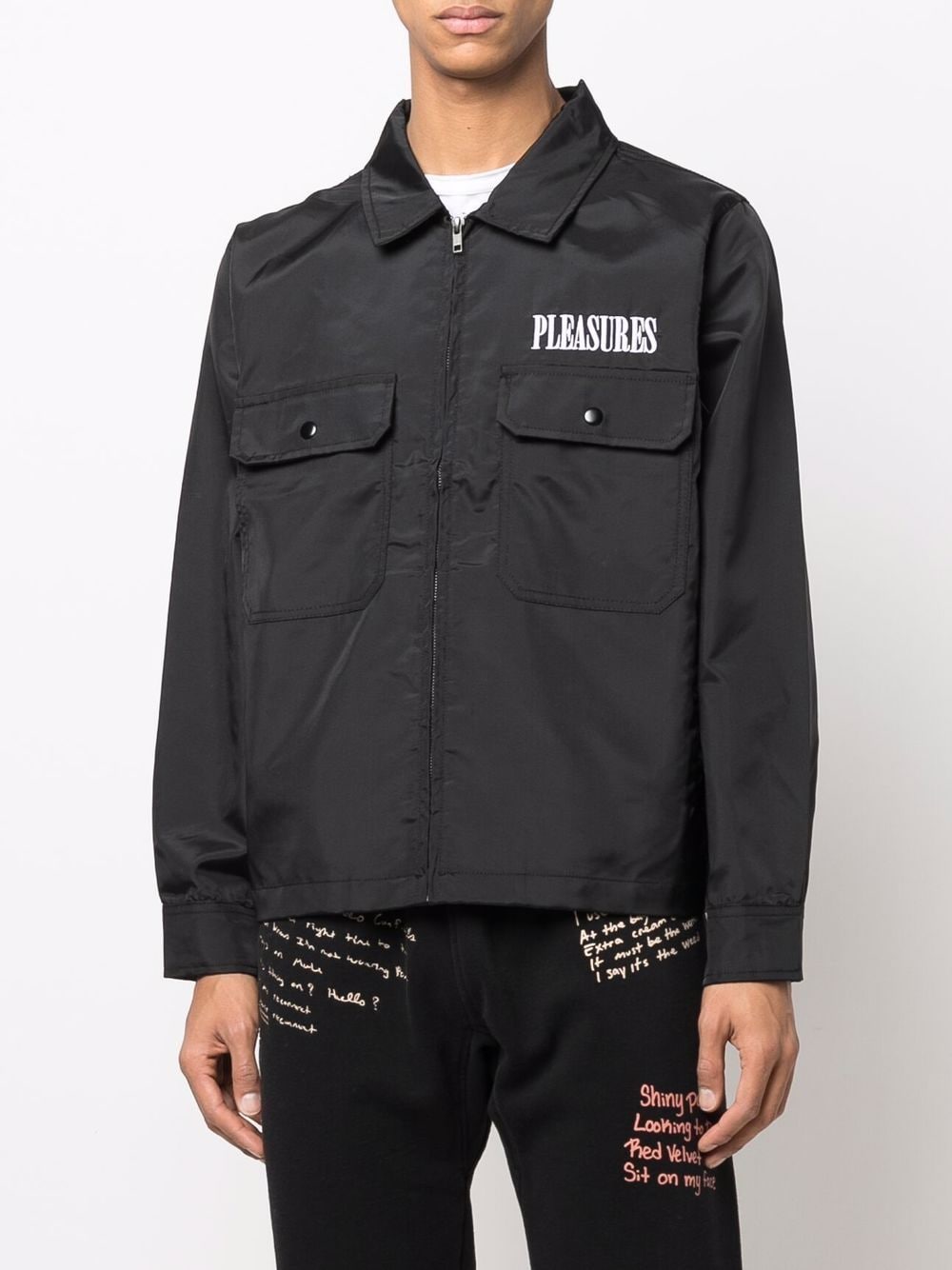 Shop Pleasures Embroidered-logo Shirt Jacket In Black