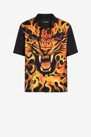 Flame Lion-Print Silk Bowling Shirt