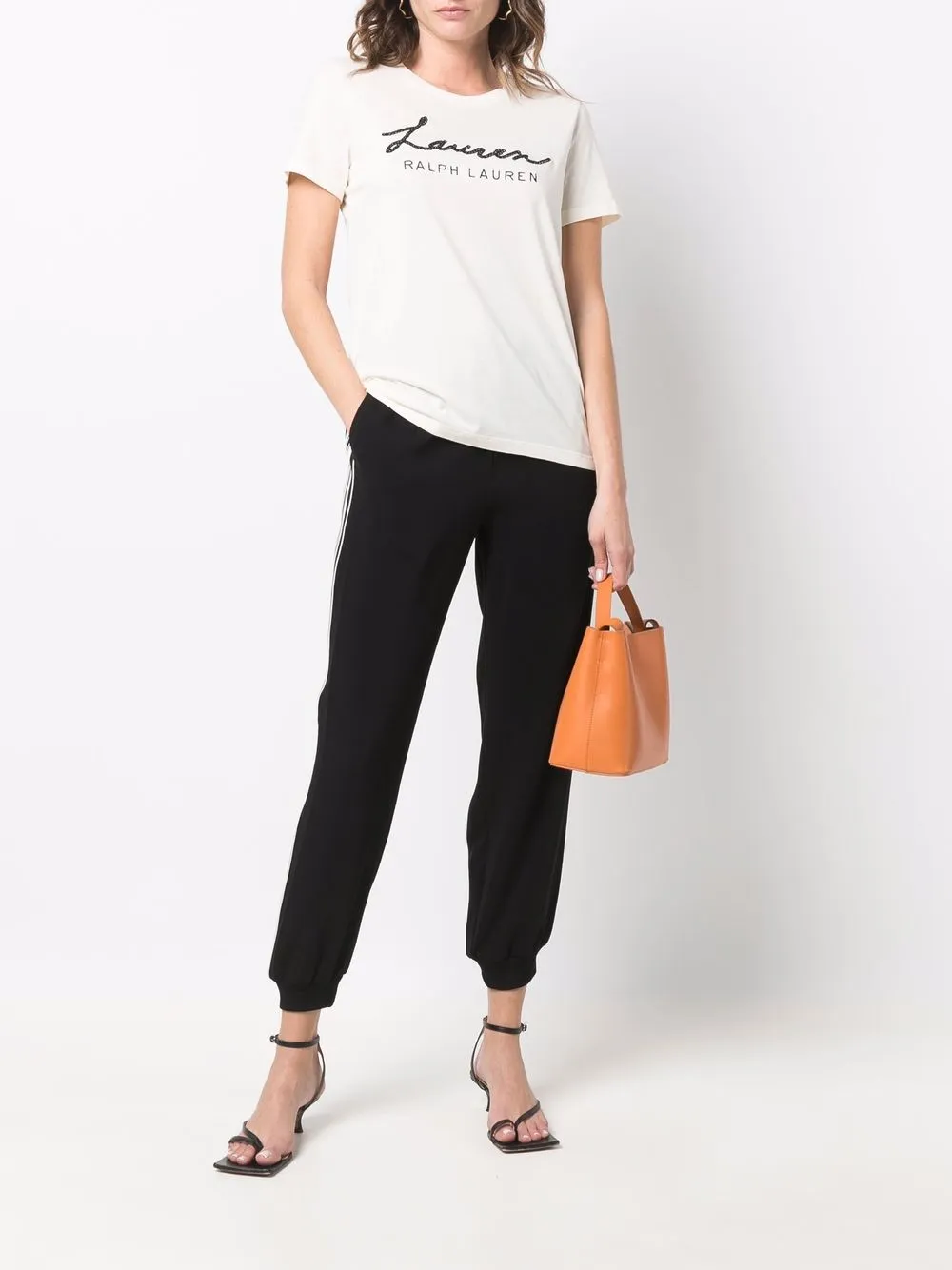 Shop Lauren Ralph Lauren Striped Tapered Trousers In Schwarz