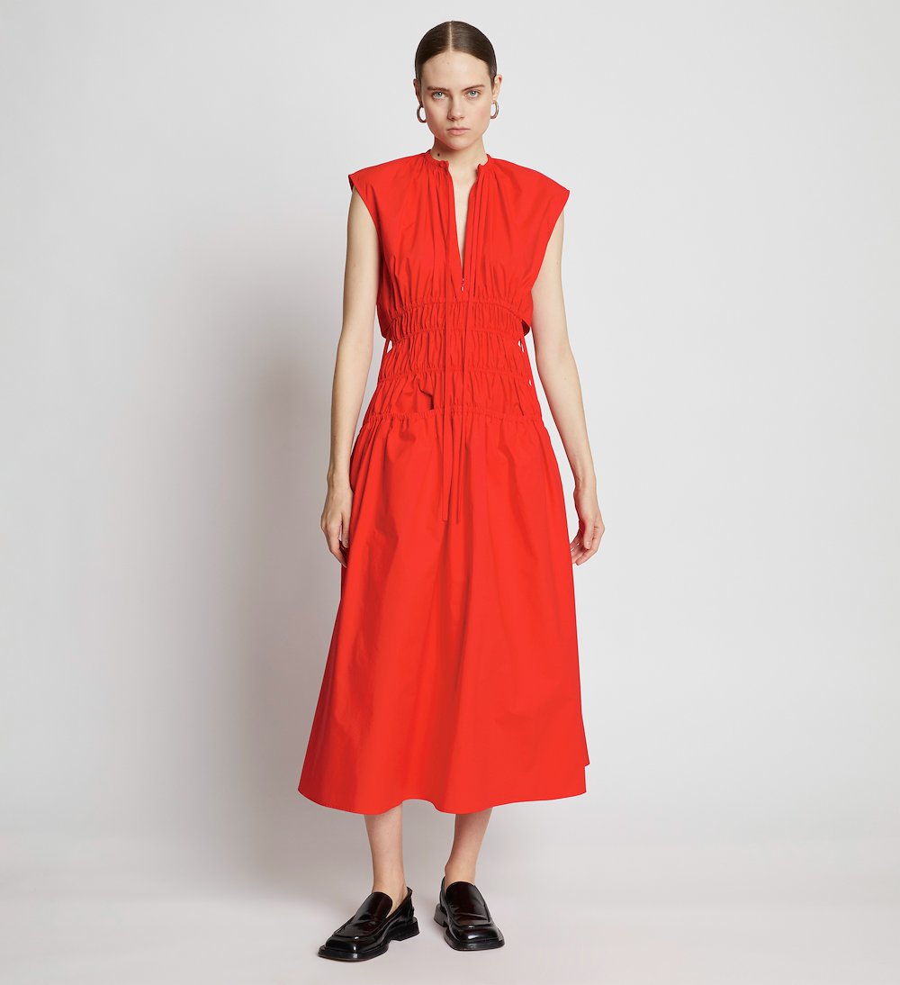 Poplin Drawstring Midi Dress in orange | Proenza Schouler