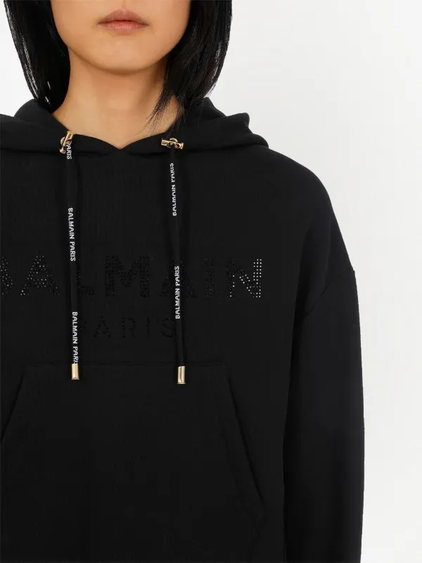 Balmain Rhinestone Cotton Hoodie Black FARFETCH GE