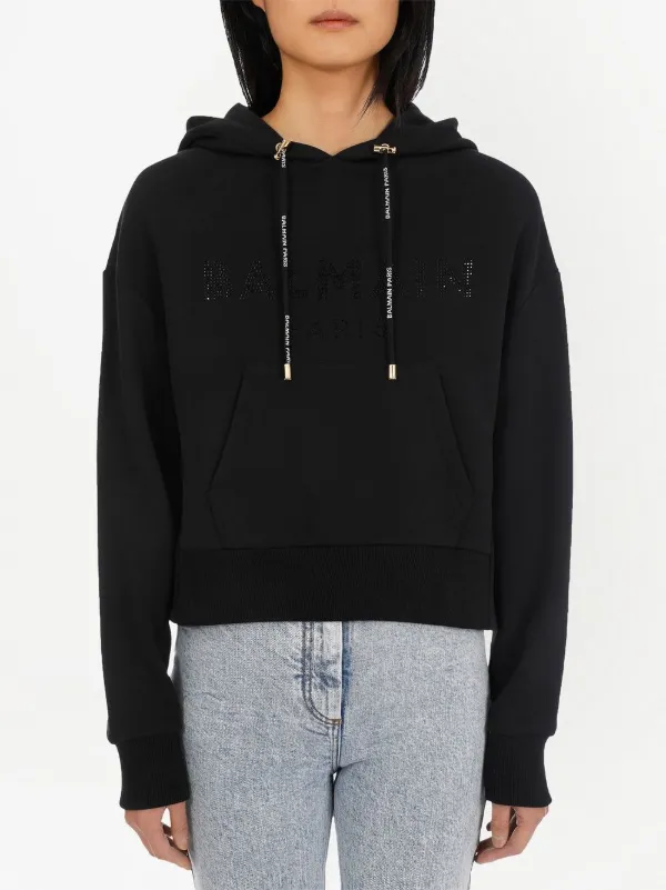 Balmain Rhinestone Cotton Hoodie Black FARFETCH ID