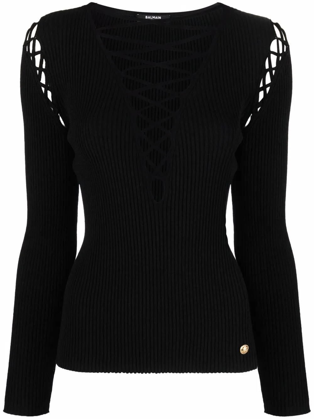 

Balmain lace-up shoulder detail knit top - Black