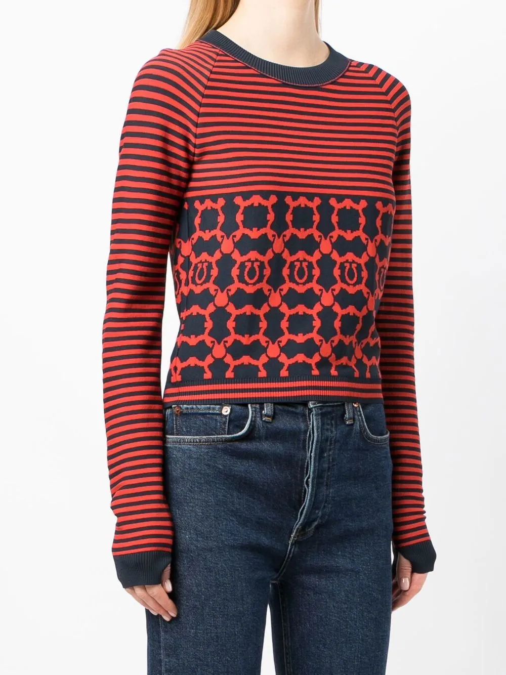  Ferragamo Striped Gancini Long-sleeve Top - Red 