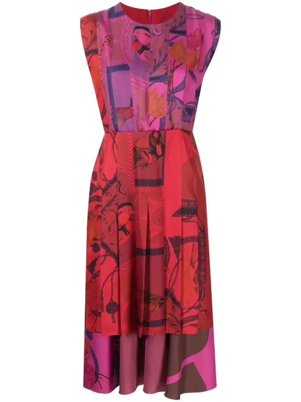 Ferragamo Patterned Silk Midi Dress in Red