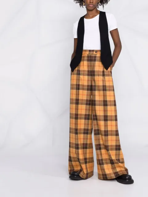 brown check-pattern wide-leg trousers 