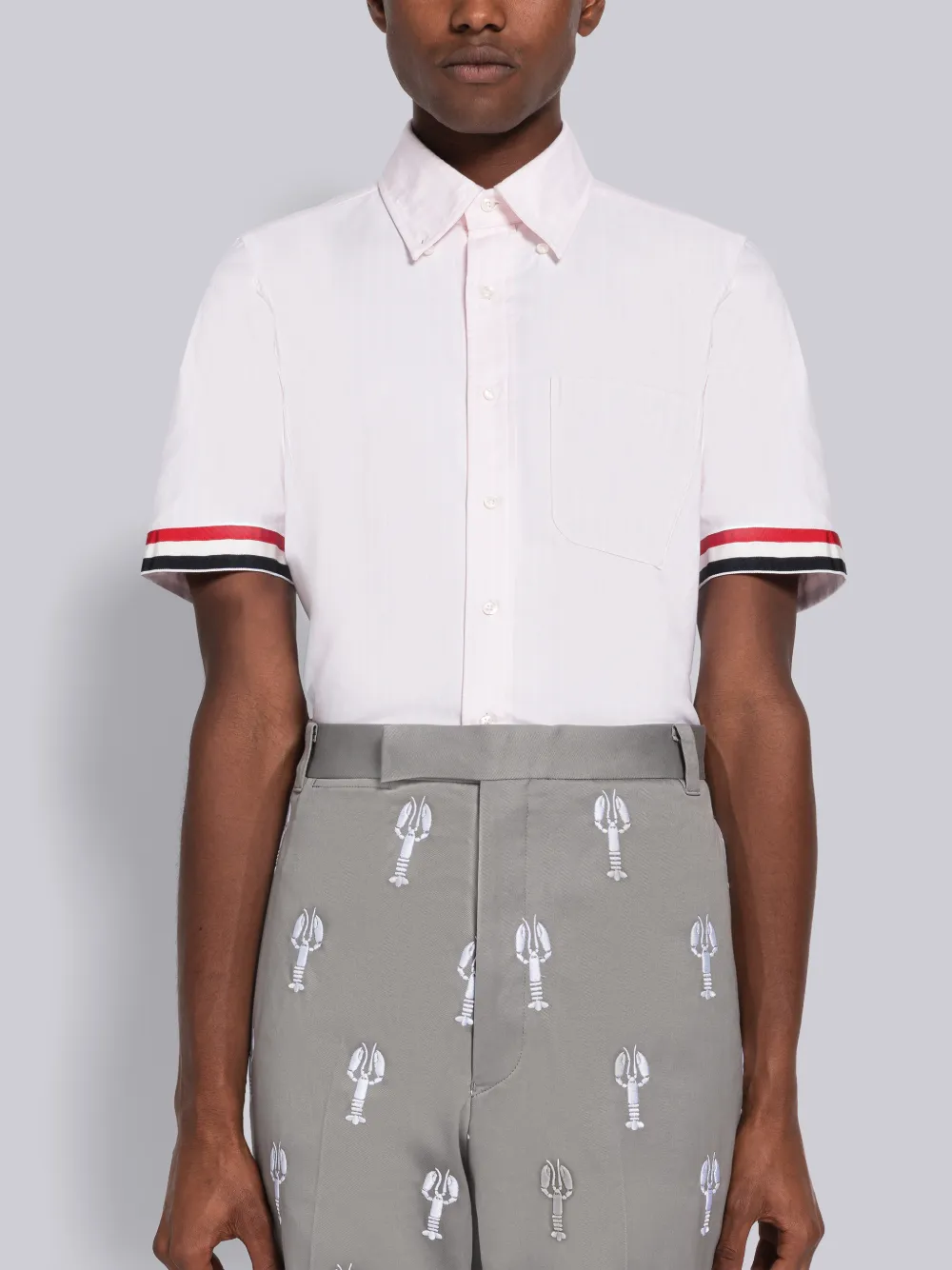 Thom Browne Stripe Armband Short Sleeve Oxford Shirt In White