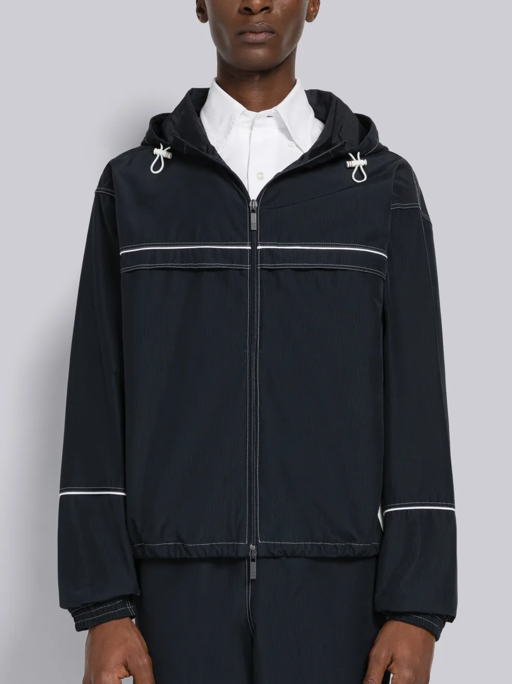 Thom Browne Contrasting Piping Oversized Hooded Track Jacket In Blue