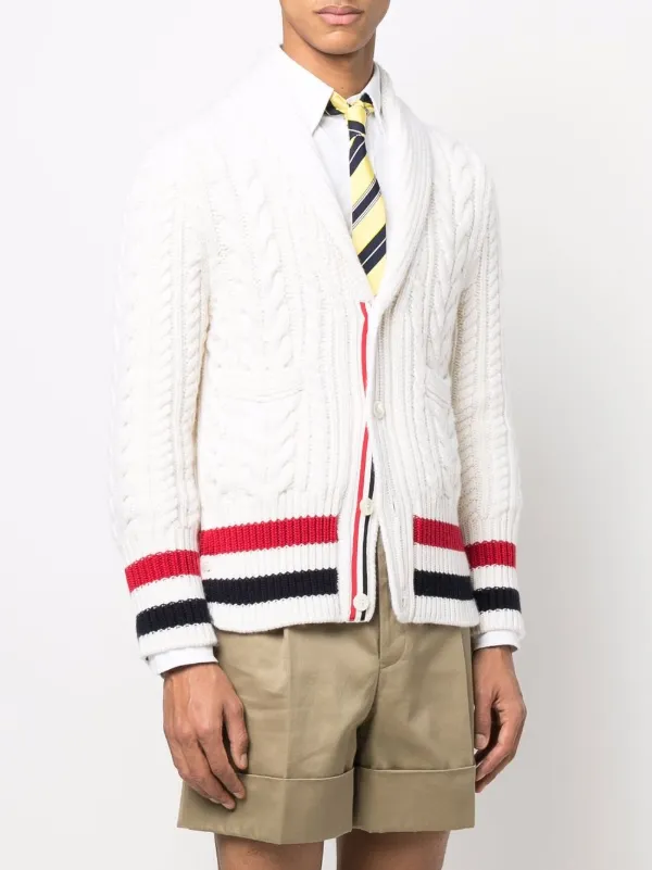 Thom Browne RWBストライプ ケーブルニット カーディガン | ホワイト 