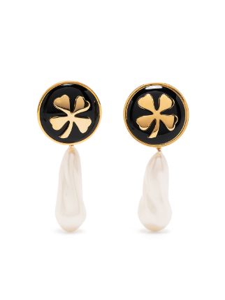 Pre-owned Chanel 1990s Rhombus Pearl-embellished Clip-on Earrings In Gold