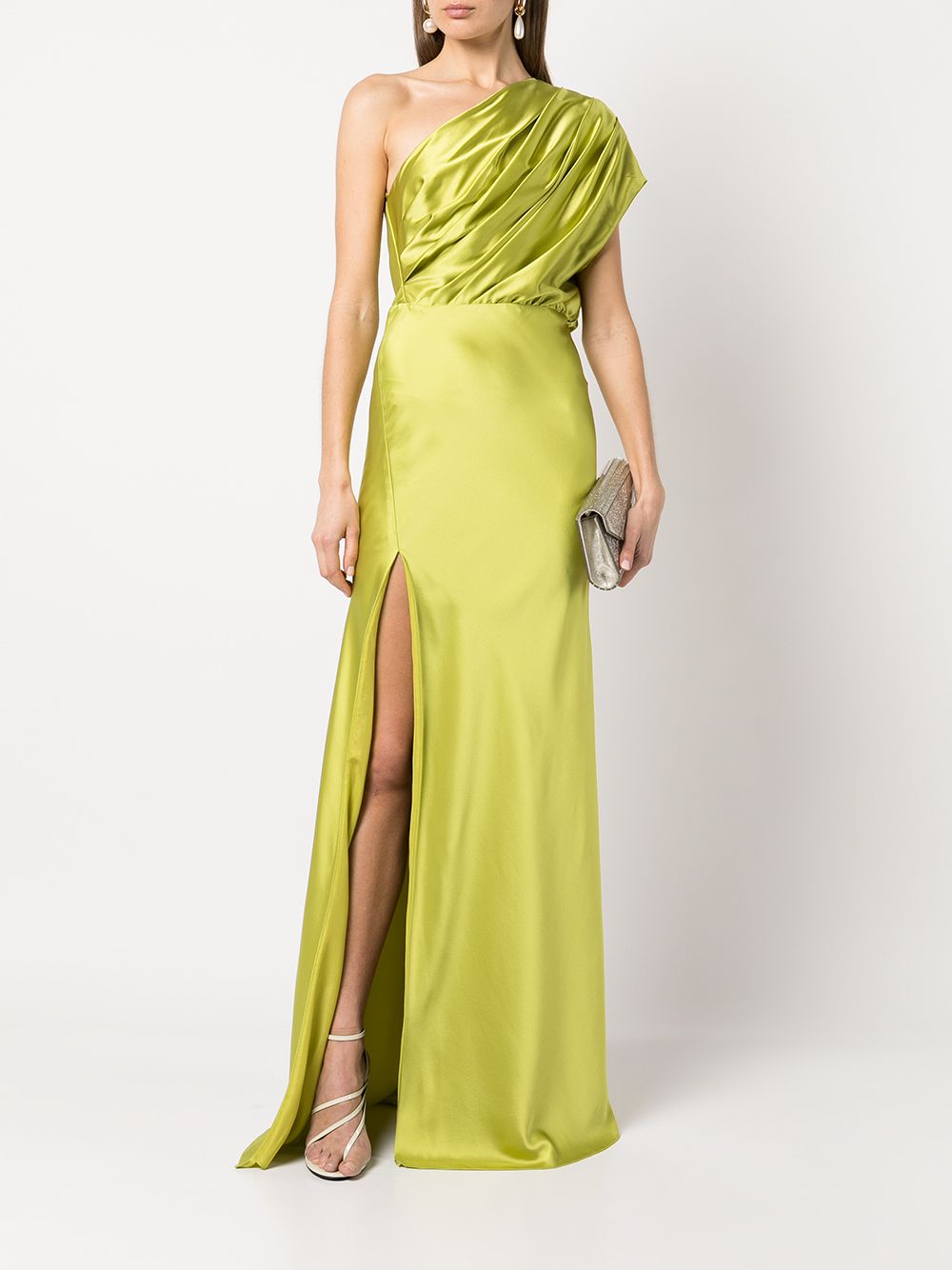 Shop Michelle Mason Asymmetric Open Back Gown In Green