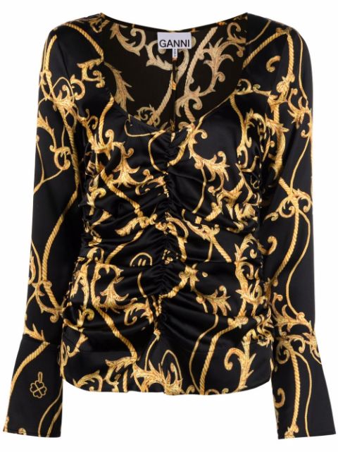 GANNI ruched-detail printed top Women