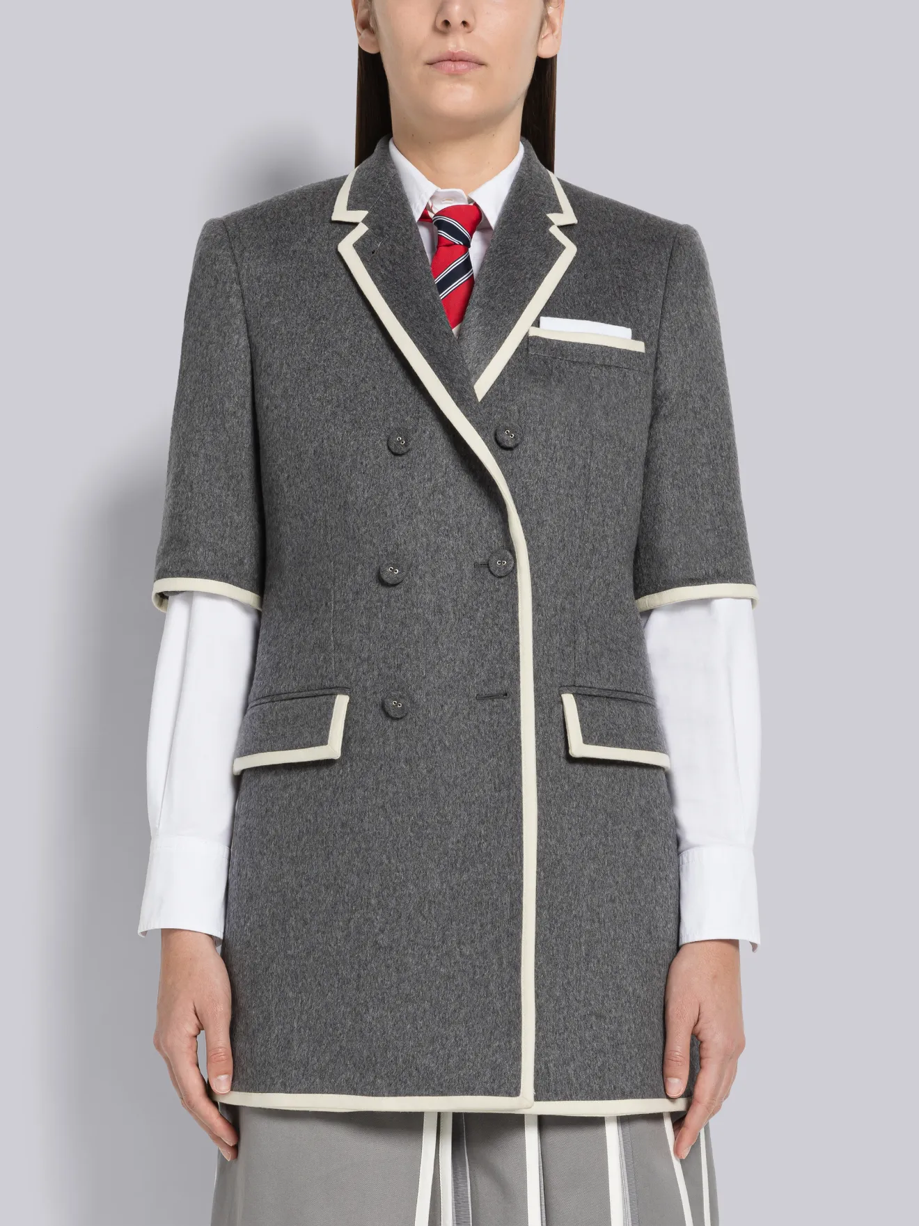 Jacket Weight Cashmere Short Sleeve Long Sport Coat | Thom Browne Official Jacket Weight Cashmere Short Sleeve Long Sport Coat | Thom Browne Official