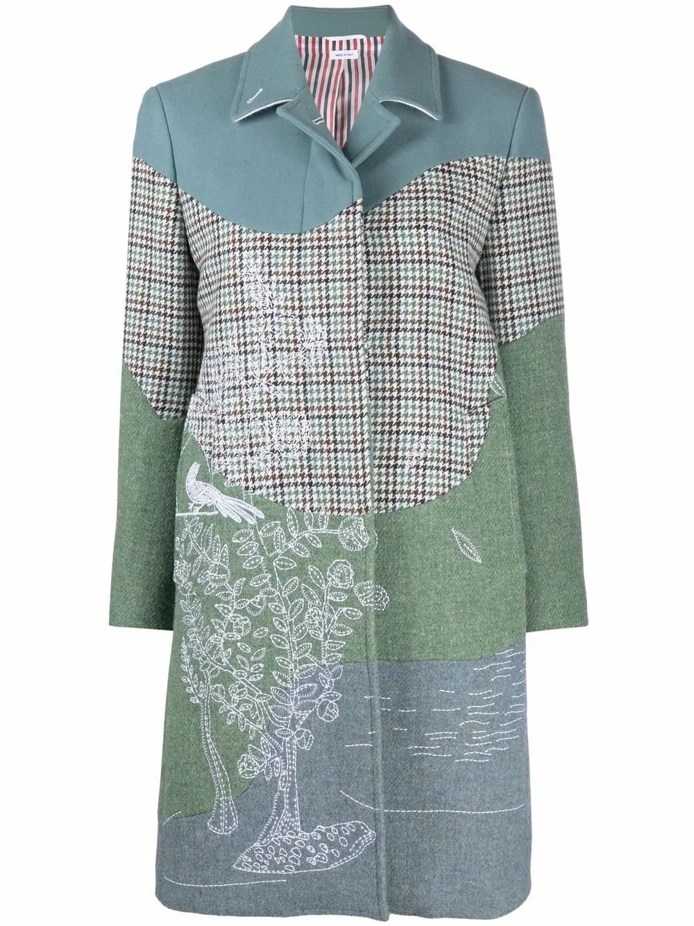

Thom Browne contrast-panel embroidered coat - Green