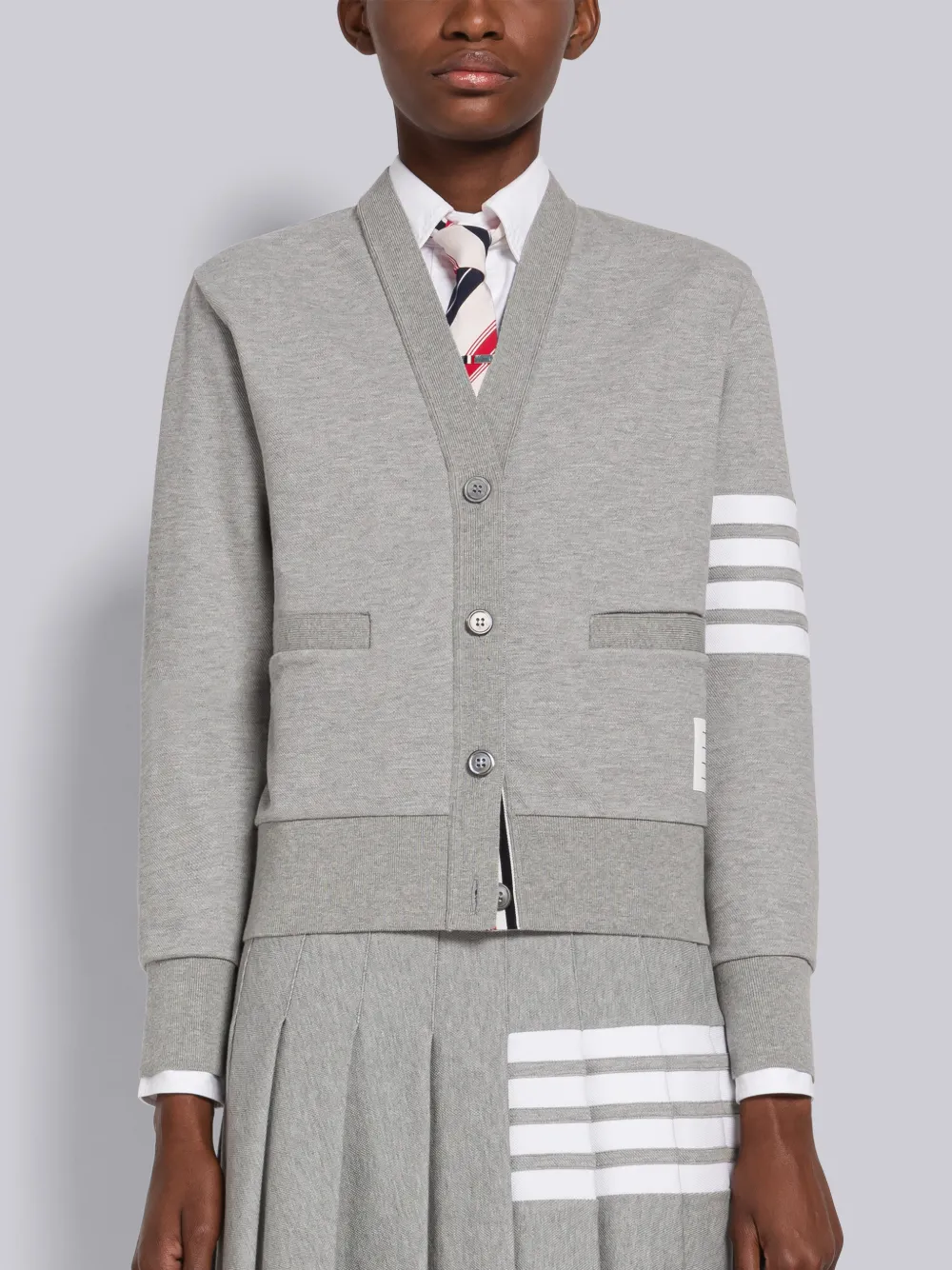 Thom Browne Four Bar Stripe Cotton Blend Knit V-neck Cardigan In Grey