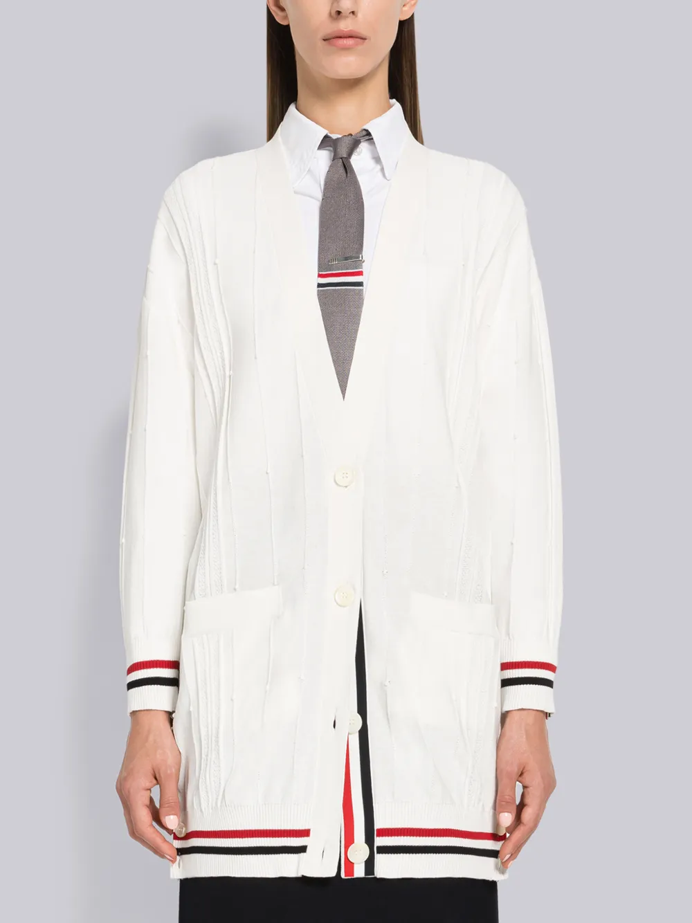 THOM BROWNE HIGH TWIST COTTON OVERSIZED CRICKET STRIPE CARDIGAN