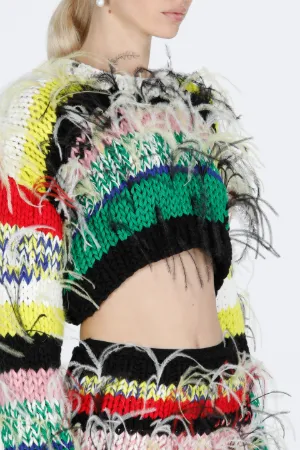 Feather-Embellished Striped Sweater