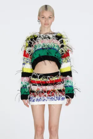 Feather-Embellished Striped Sweater