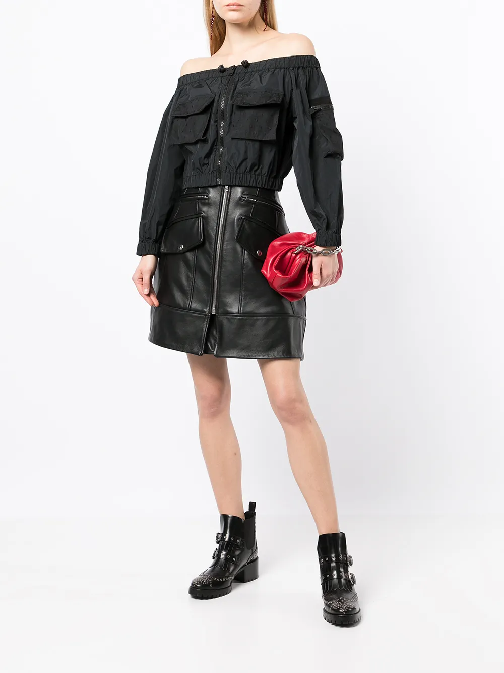 Red Valentino Off-shoulder Cropped Zip-up Jacket - Black 