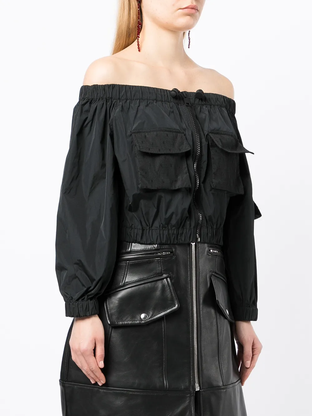  Red Valentino Off-shoulder Cropped Zip-up Jacket - Black 