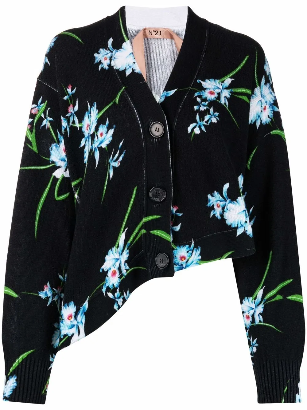 

Nº21 asymmetric floral-print knitted cardigan - Black