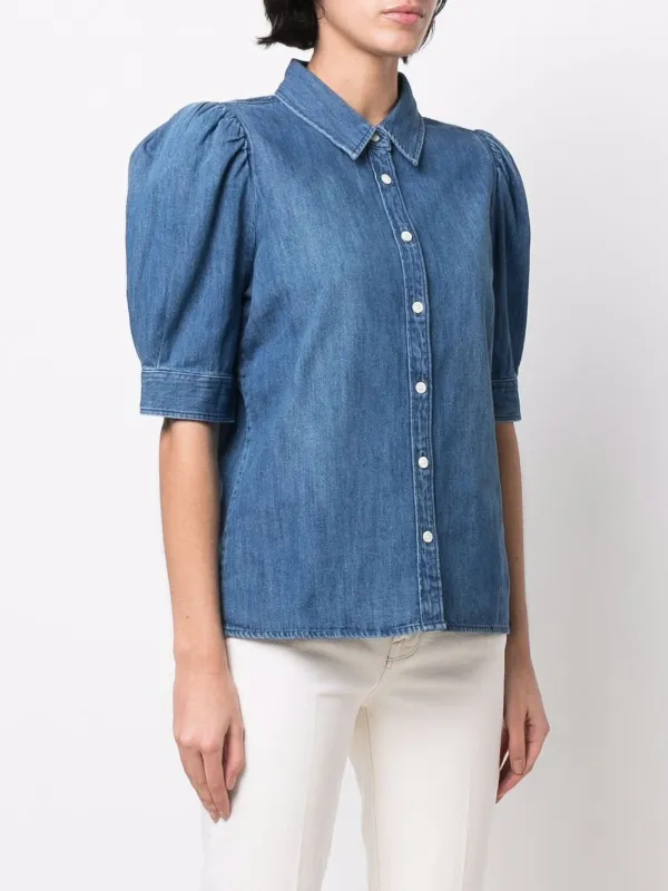 Shop FRAME puff-sleeve denim blouse 