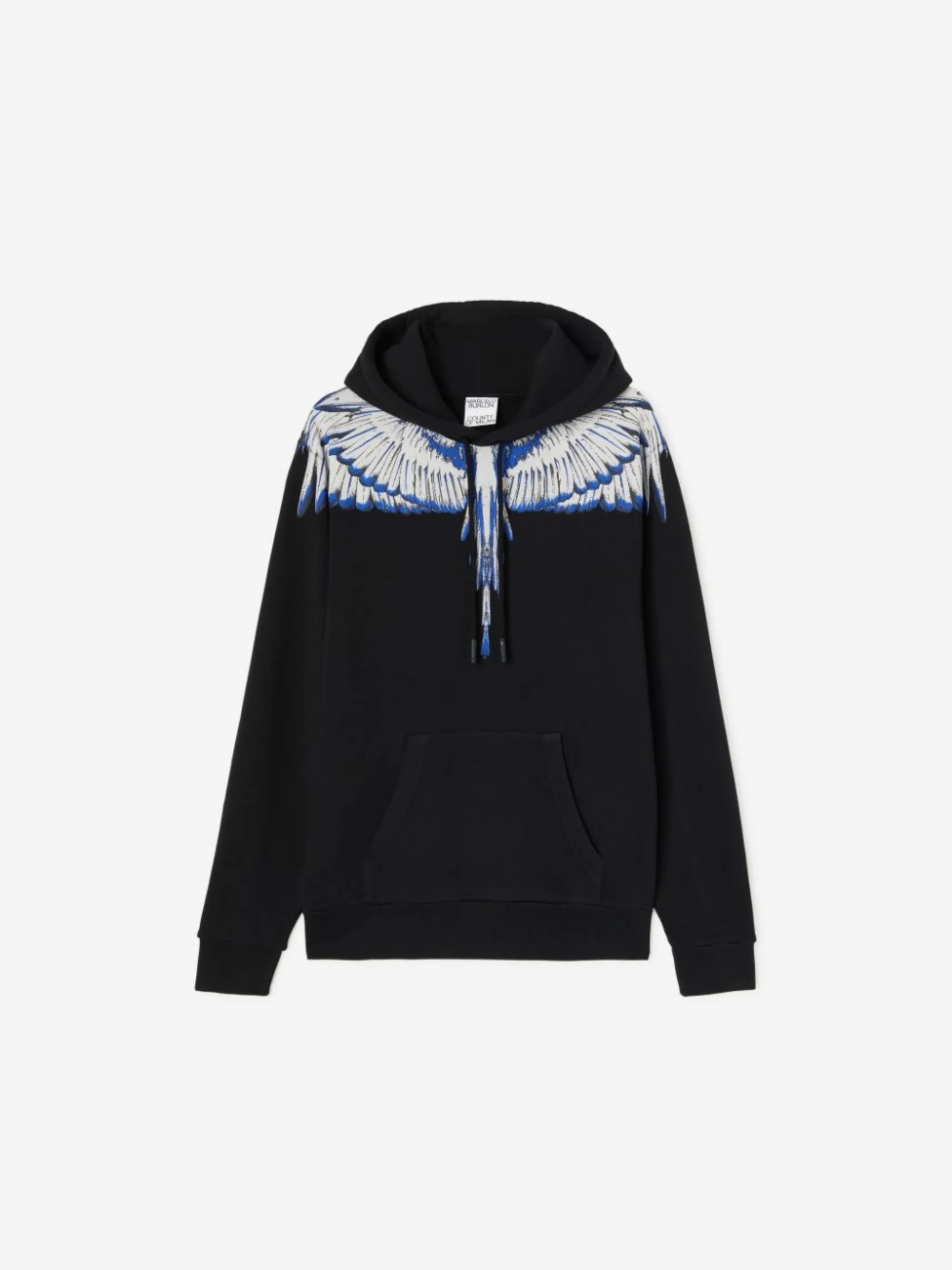 Wings-print drawstring hoodie from Marcelo Burlon County of Milan featuring black, white, blue, cotton, signature Marcelo Burlon Wings print, drawstring hood, long sleeves, front pouch pocket, ribbed hem and ribbed cuffs. Conscious: This item is made from at least 50% organic materials.