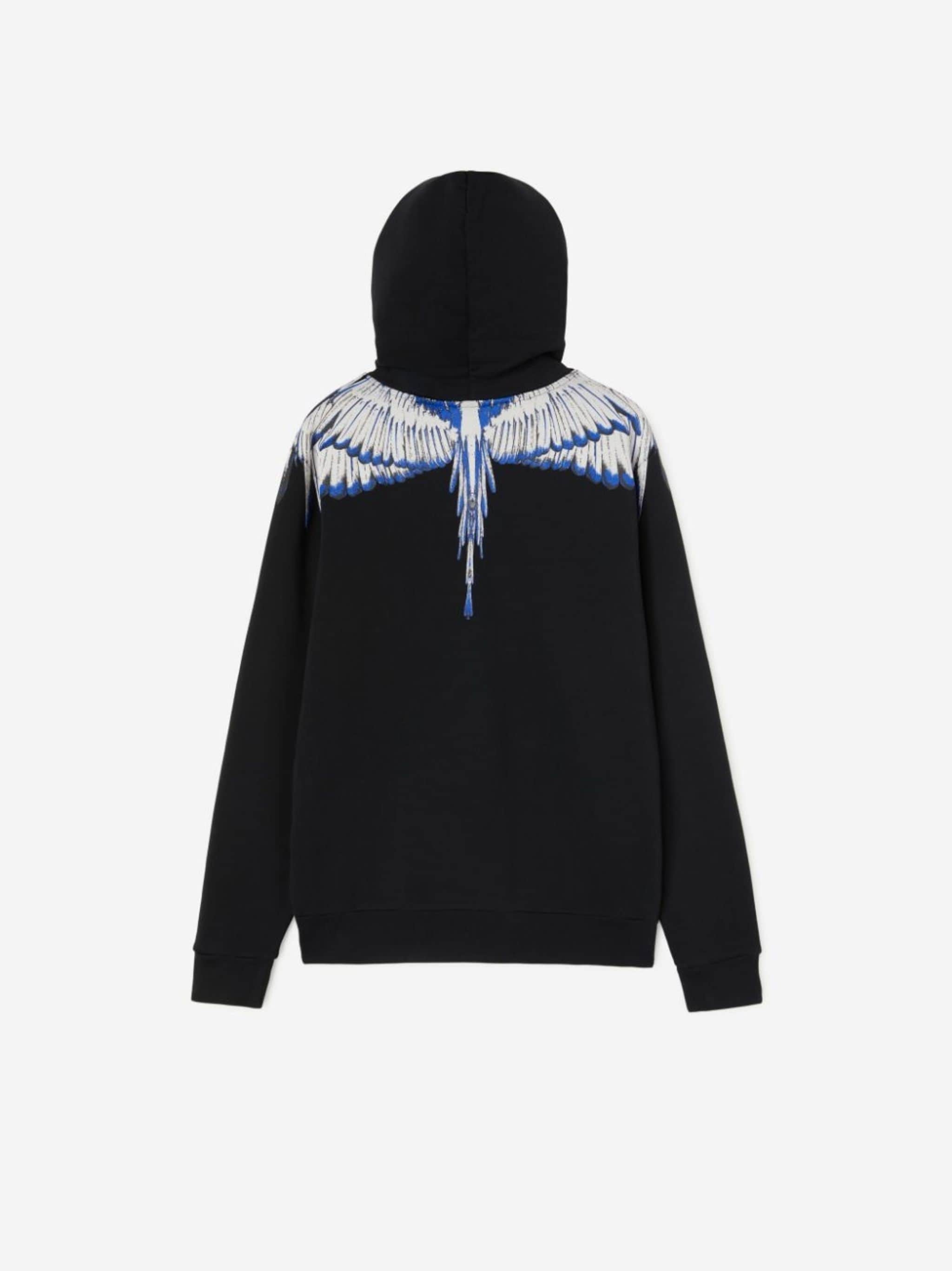 Wings-print drawstring hoodie from Marcelo Burlon County of Milan featuring black, white, blue, cotton, signature Marcelo Burlon Wings print, drawstring hood, long sleeves, front pouch pocket, ribbed hem and ribbed cuffs. Conscious: This item is made from at least 50% organic materials.