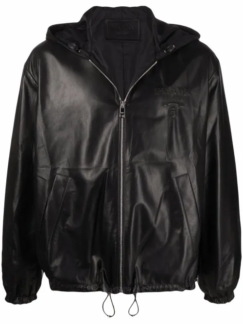 Veste en cuir à logo embossé - Prada - Modalova