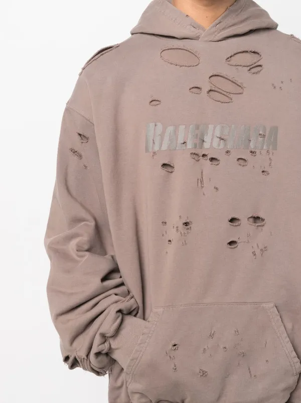 Balenciaga Logo Print distressed-finish Hoodie - Grey