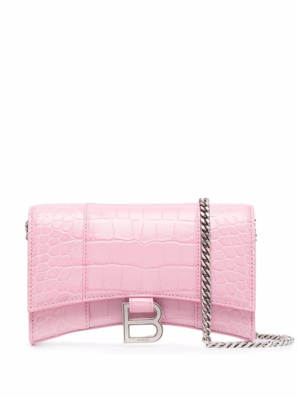 Balenciaga Pink Croc Embossed Leather Soft Hourglass Wallet on Chain Bag