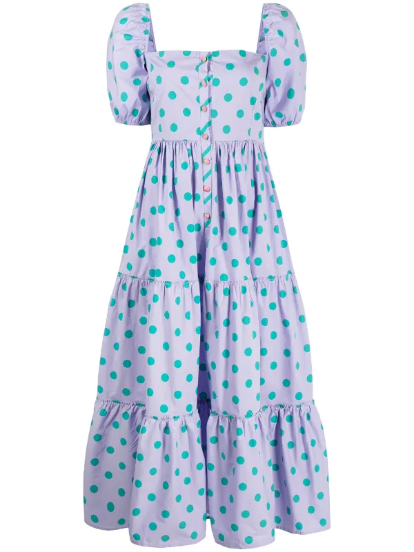 blue and purple polka dot dress Blue Polka Dots Puff Sleeve Vintage Chiffon Dress, Purple / XL