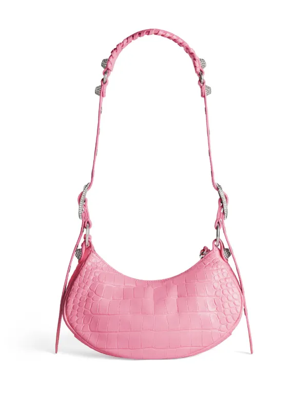 Balenciaga Le Cagole Shoulder Bag Small Crocodile Embossed Pink