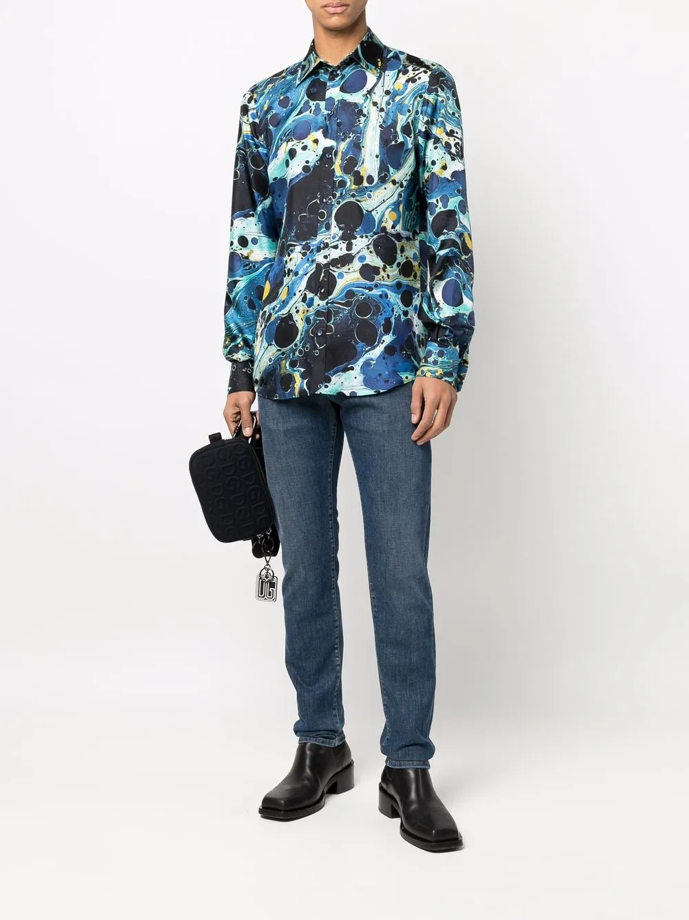 Shop Dolce & Gabbana Marble-print Silk Shirt In Blue