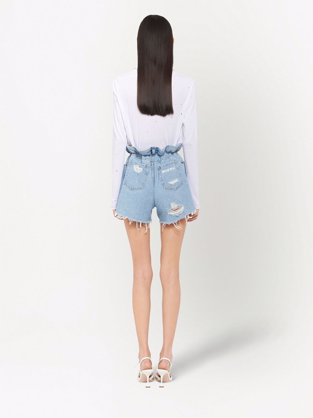 Miu Miu distressed-effect paperbag-waist Denim Shorts - Farfetch