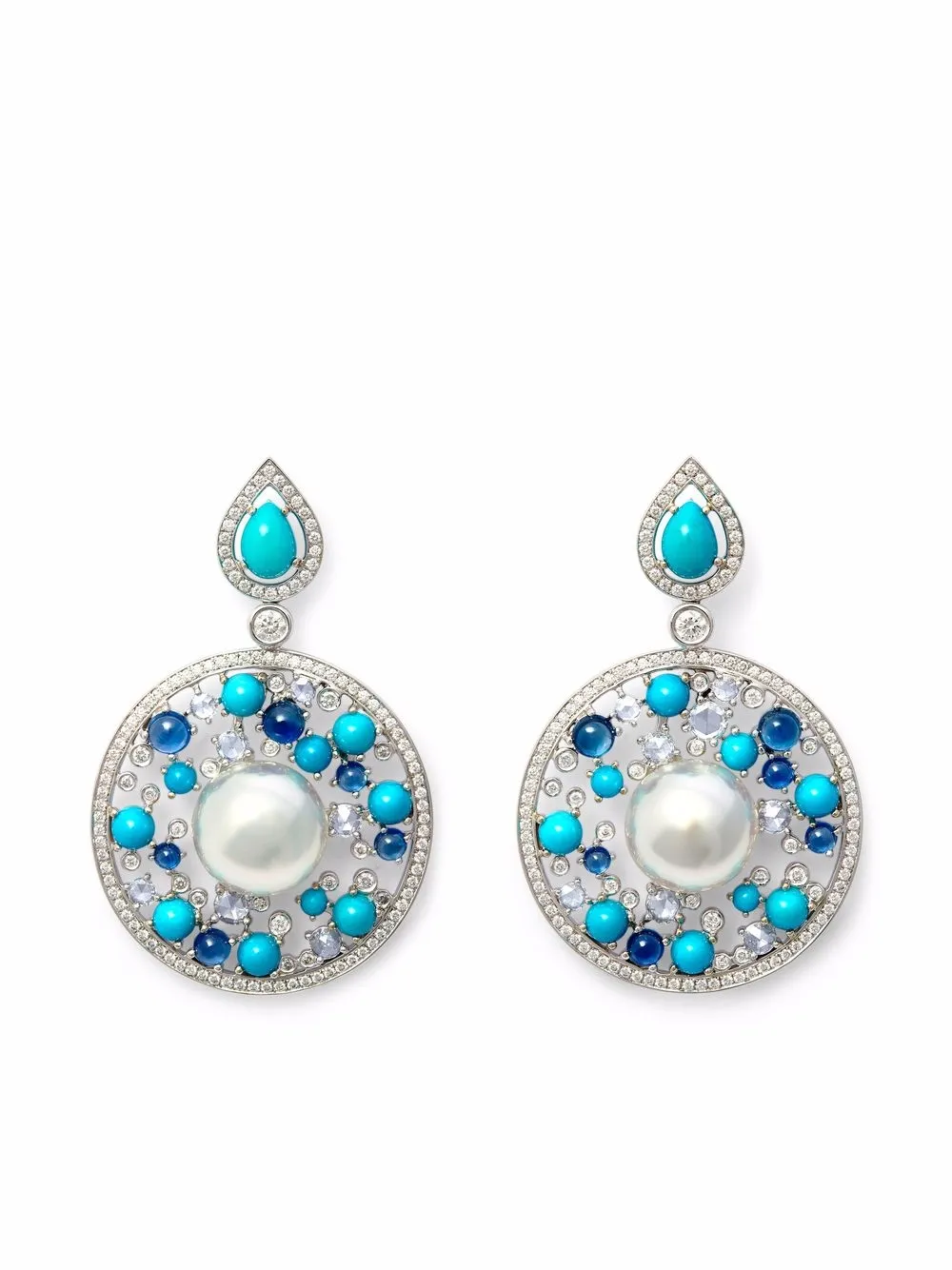 Autore 18kt White Gold Grotto Diamond, Sapphire, Turquoise And Pearl Earrings In Silver