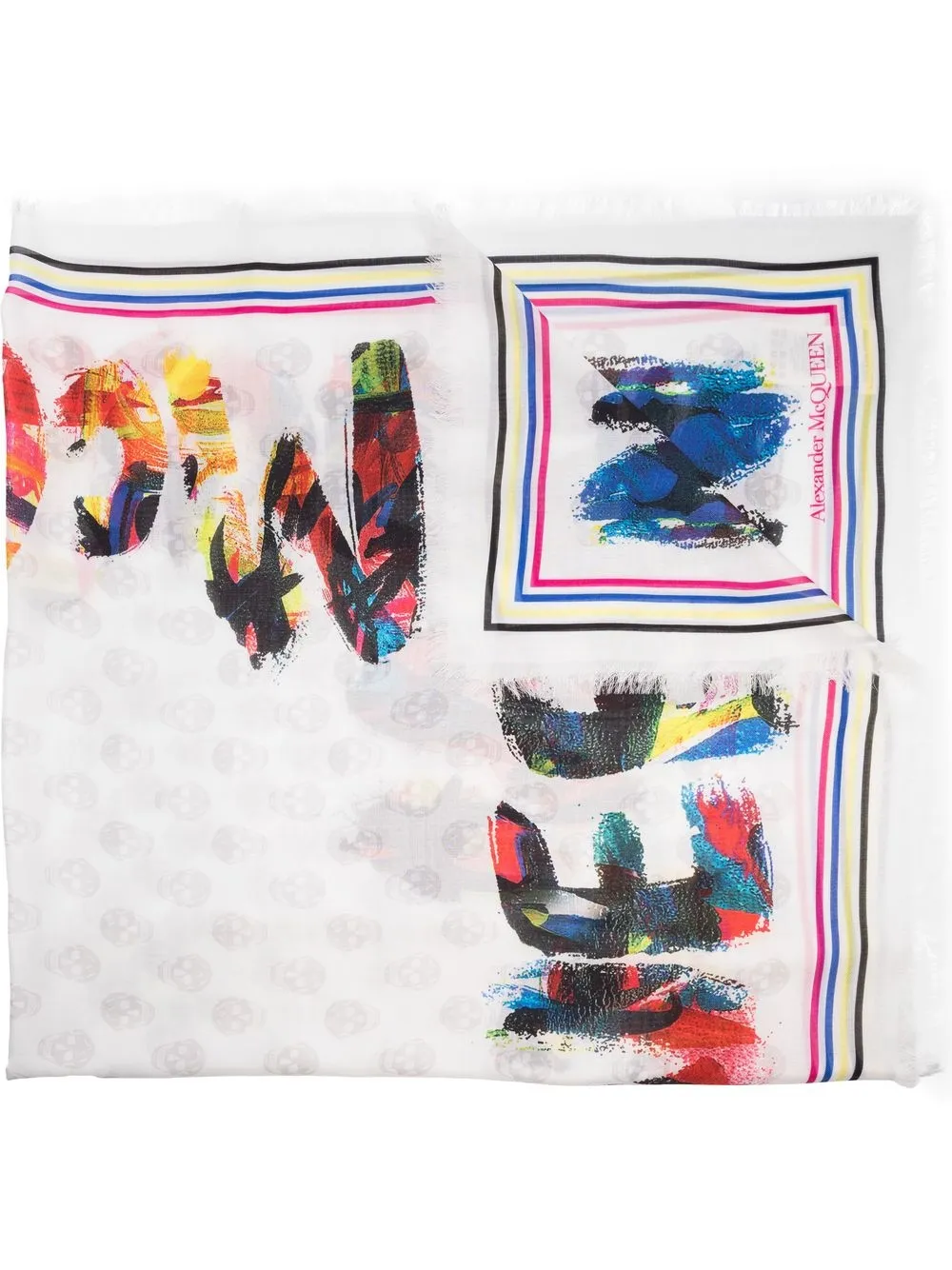 

Alexander McQueen skull-print frayed-edge scarf - White