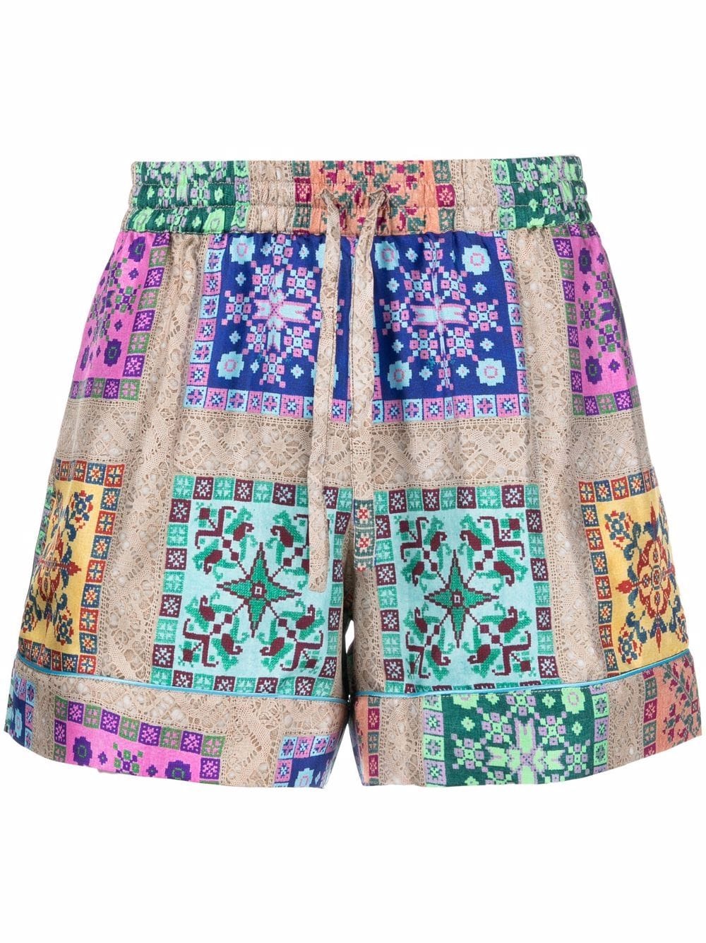 

Pierre-Louis Mascia Aloe patchwork-print silk shorts - Blue