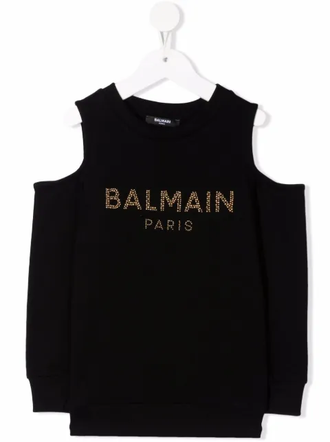 Balmain Kids كنزة بأكتاف مكشوفة وشعار الماركة مرصع