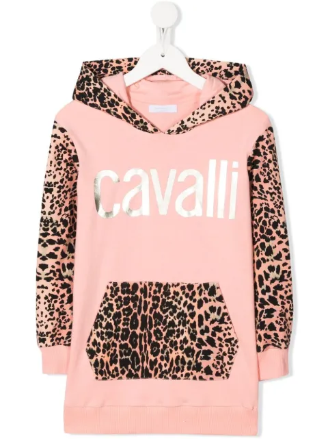 Roberto Cavalli Junior leopard-panel metallic logo hoodie