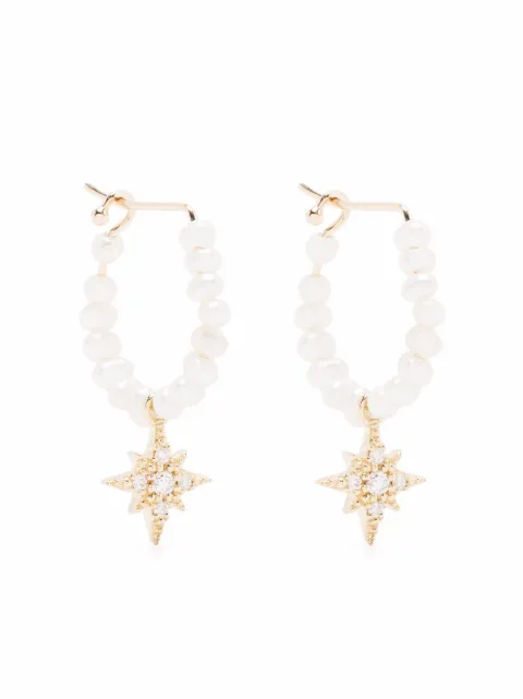 Mizuki 14kt yellow gold diamond star pearl hoop earrings